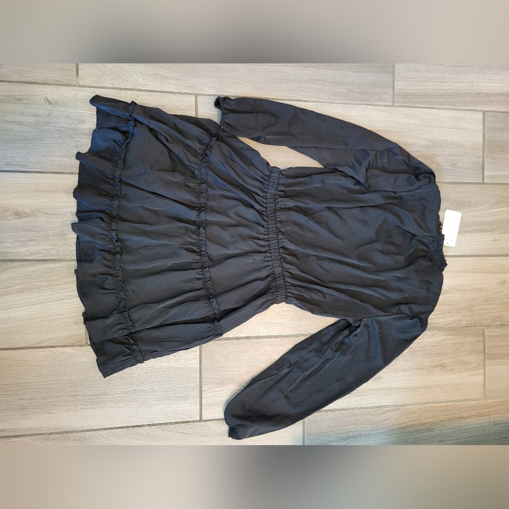 Brand New Black BTFBM Casual, Tie V Neck Long Sleeve Tunic Mini Dress - Picture 3 of 3